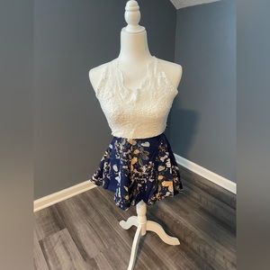 Crochet lace Floral Print Self-Tie Romper